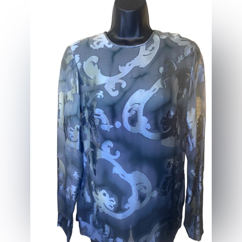 Patricia Rhodes SILK Tie Dye Ombré Blue Silver Burnout Chiffon Long Sleeve Top